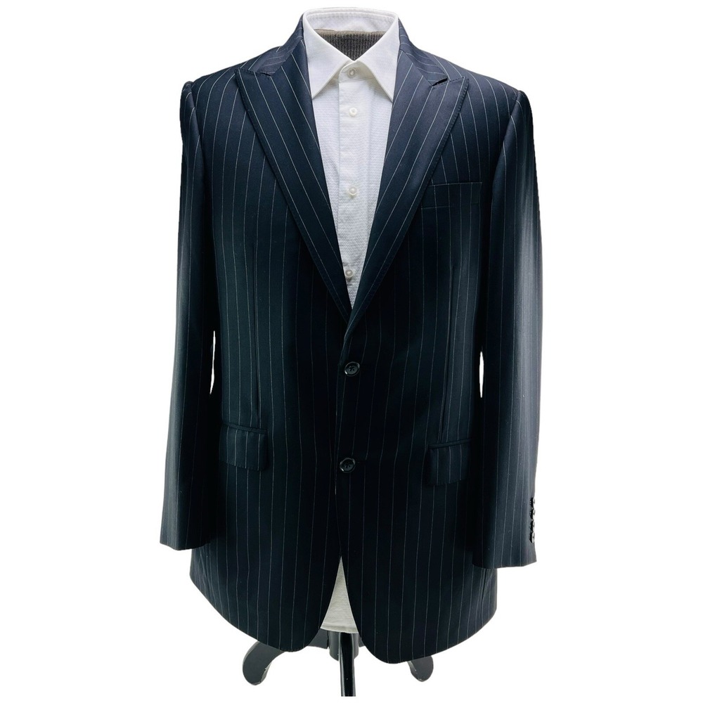 Samuelsohn Black Pinstripe Vitale Barberis Super‎ 110 Wool Peak Lapel Blazer 41L